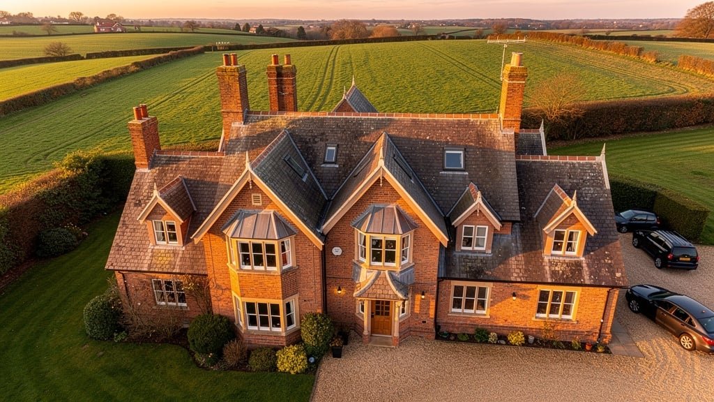 Drone roof survey aerial view of UK property