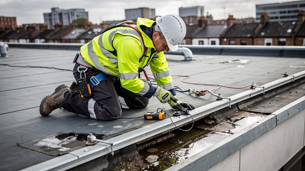 Professional flat roof inspection on commercial property
