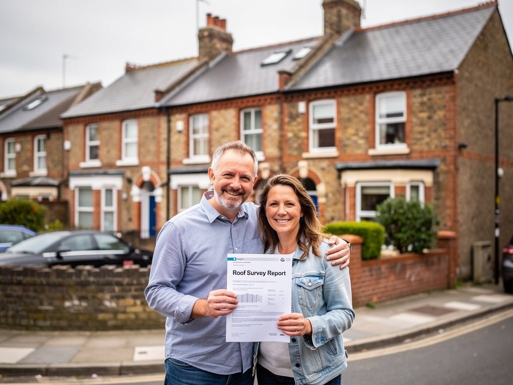 Happy property buyers with professional pre-purchase roof survey report